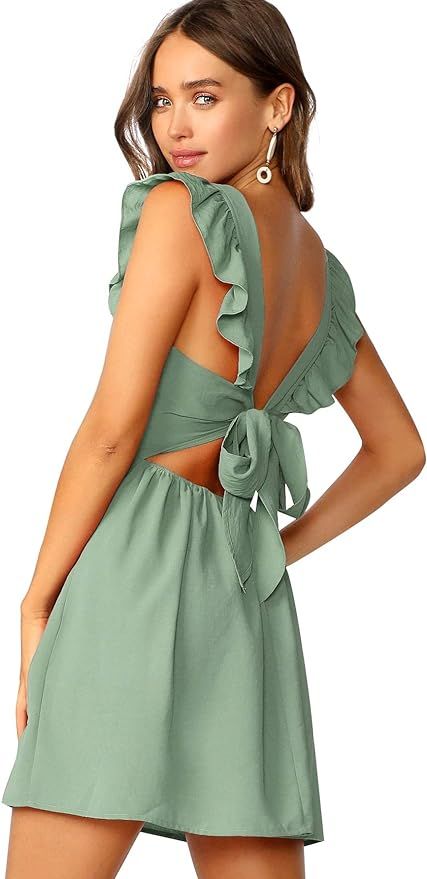 Romwe Women's Cute Tie Back Ruffle Strap A Line Fit and Flare Flowy Short Dress | Amazon (US)