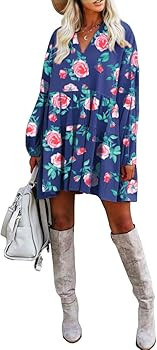 FANCYINN Women’s Cute Shift Dress with Pockets Bell Sleeve Ruffle Hem V Neck Loose Swing Tunic ... | Amazon (US)