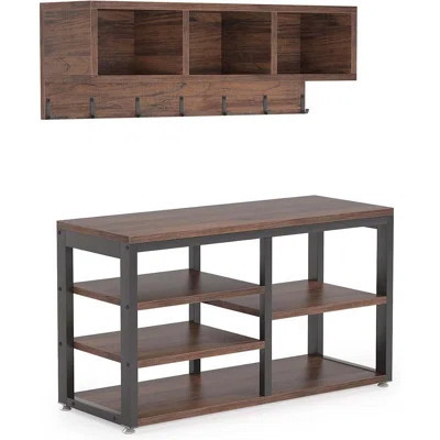 Industrial [Shoe] [Rack] [Bench] With Coat [Rack] Set With Hall Tree, 3 Storage Cubbies, 7 Hooks For Entryway, Hallway, 5-In-1Design, Rustic Brown | Wayfair North America