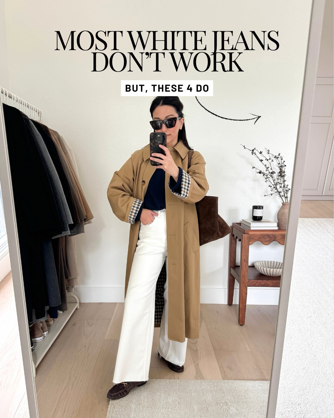 Most white jeans don't work, but these 4 do - and they're high quality and comfortable. 

AGOLDE Mid-Rise Crop Jeans 24 - Loose and fit like a high rise
Alex Mill jacket xs
Kule tee medium
Loeffler Randall flats 5.5
The Row tote small
Celine sunglasses

Levi's Rib-Cage Crop Straight Jeans 25 - Soft, not see-through. Super elongating.
Gap Big Shirt petite xs
Everlane cotton sweater xs
Loeffler Randall mesh flats 5
The Row tote medium
Celine sunglasses

Everlane Way-High Curve Jeans 26- Sized up 2 sizes and cut the hems
AYR denim button down xs
Everlane cotton sweater xs
Staud netted flats 35
J.Crew raffia bucket bag
Celine sunglasses

Everlane Way-High 2.0 Sailor Jeans 25 - cut hems wide-leg
Gap Big Shirt petite xs
Everlane cotton sweater xs
Everlane ballet flats 5 - might be sold out, linked similar
Marea tote - sold out, linked similar
Celine sunglasses

#LTKmomlife #LTKPetite