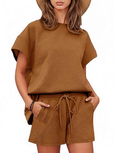 Tankaneo Womens Loungewear Set Short Sleeve Tops and Shorts 2 Piece Outfits Matching Lounge Pajama Set with Pockets Brown | Amazon (US)