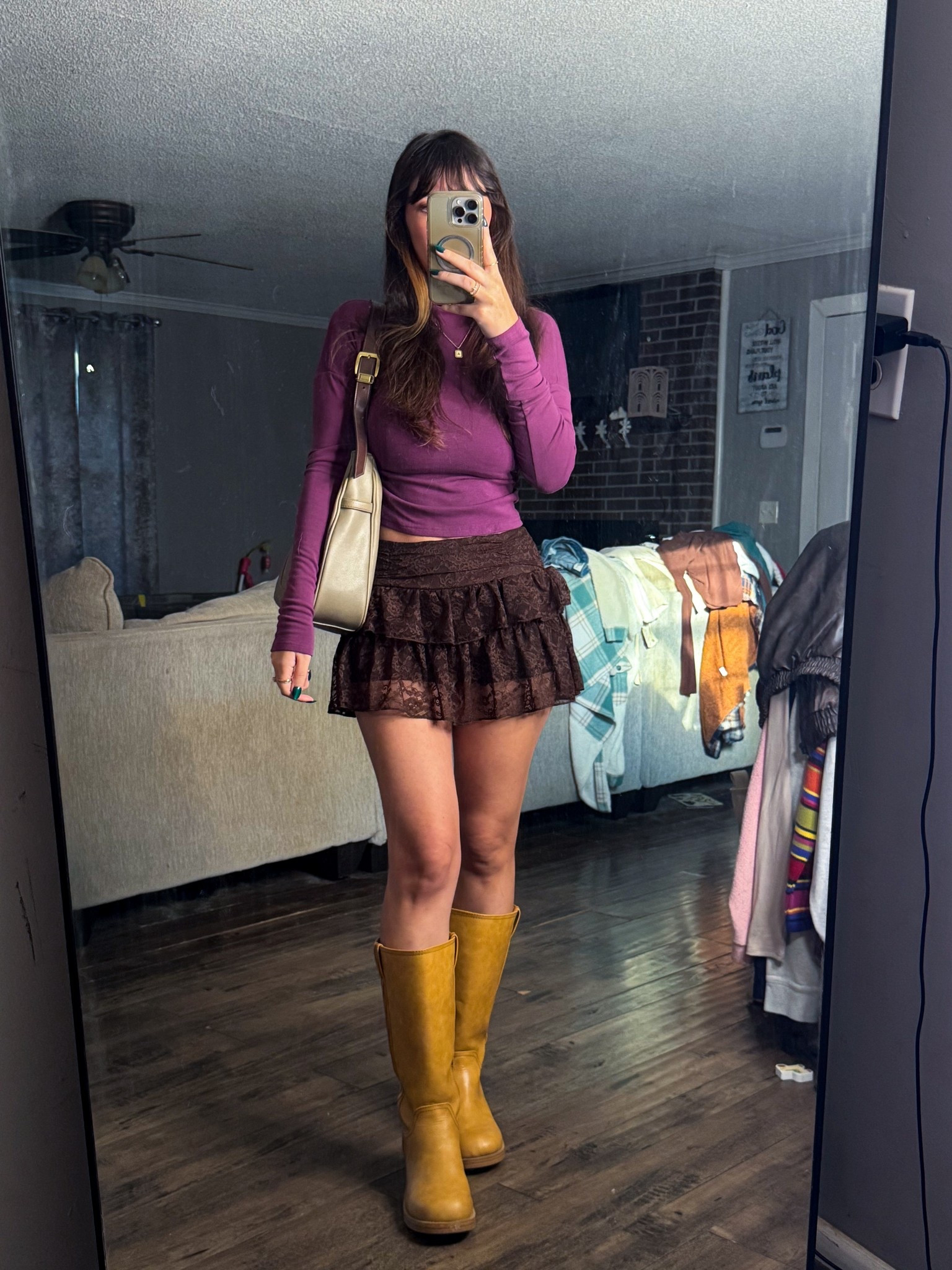 Fall outfit ft. this lace Y2K brown mini skirt, a long sleeve mock neck and boots! 

#LTKStyleTip #LTKootd #LTKFindsUnder50