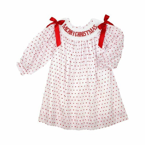 Red Swiss Dot Smocked Merry Christmas Dress Shipping Early November | Cecil and Lou