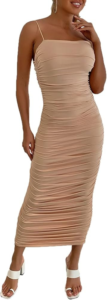 Women's Sleeveless Off Shoulder Dresses - Ruched Bodycon Party Club Night Sexy Maxi Dress | Amazon (US)