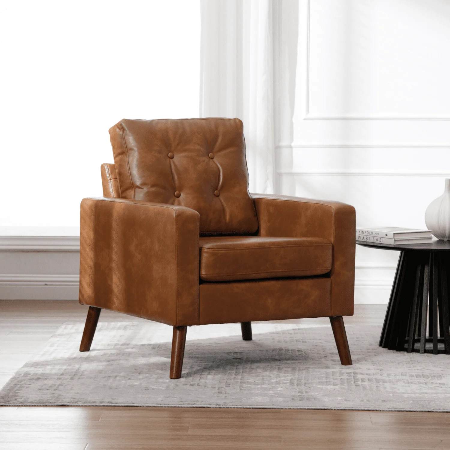Mid Century Modern Accent Chair,Faux Leather Button Tufted Club Chair with Arms, Upholstered Livi... | Walmart (US)
