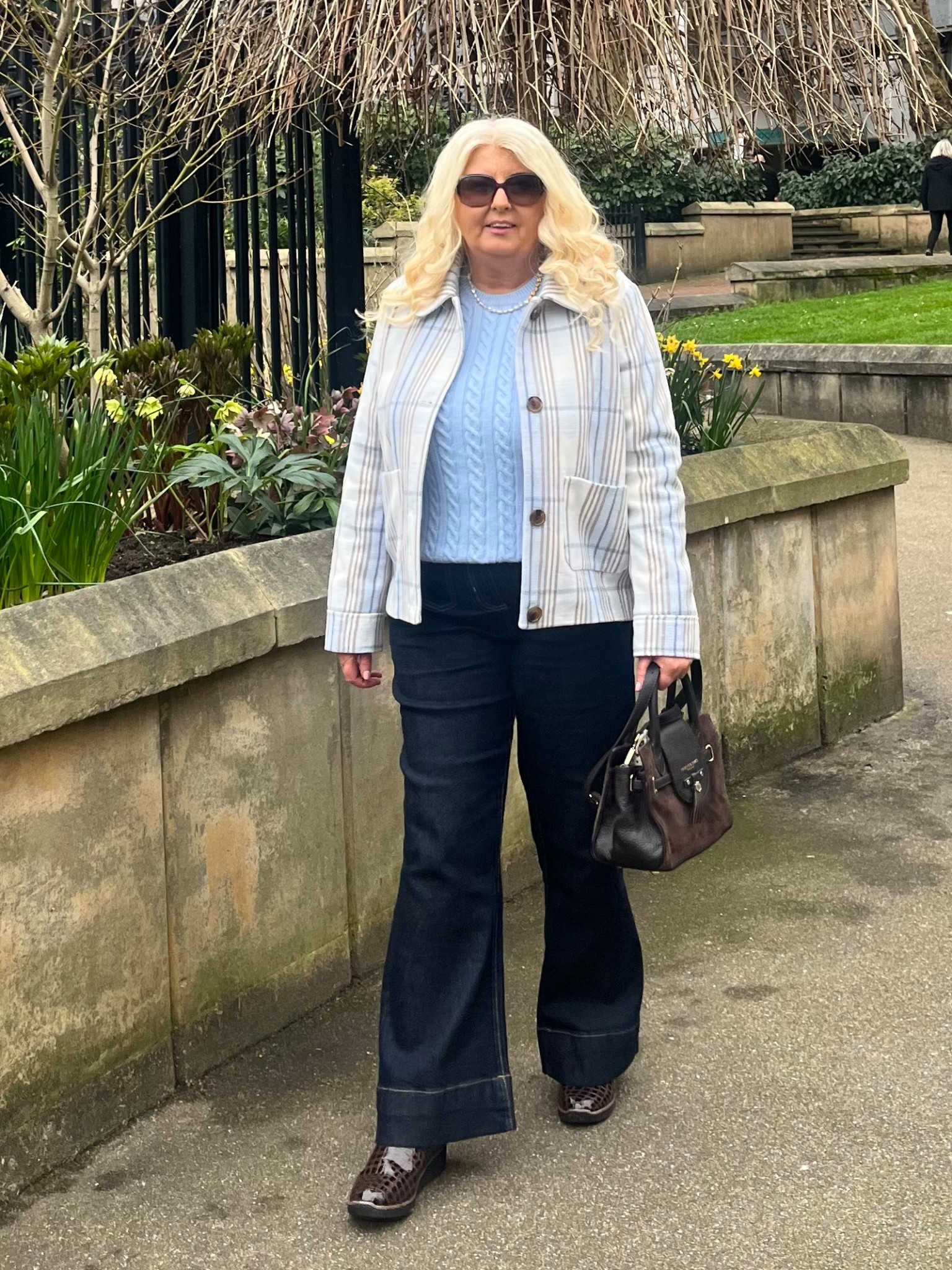 Cotton Traders light blue check jacket cable knit jumper and flared dark jeans 

#LTKover50style #LTKspring #LTKuk