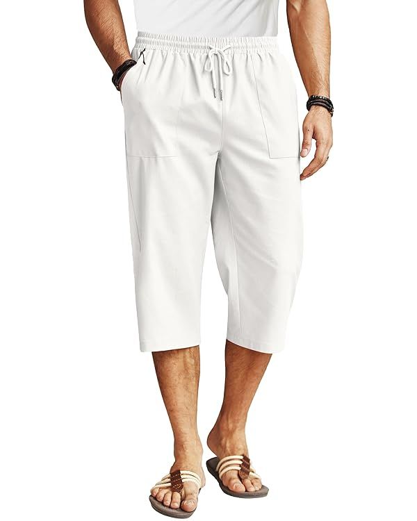 COOFANDY Men's Linen Capri Pants Casual Lightweight 3/4 Baggy Pants Drawstring Elastic Waist Beac... | Amazon (US)