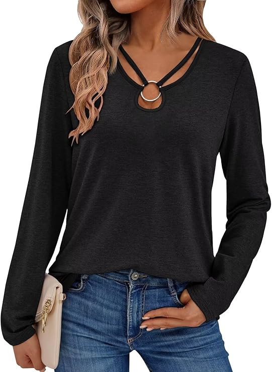 Women's Long Sleeve Tops Keyhole Neck Detail Crew Neck Shirts Ring Cut Out Design Stretchy Tees 2... | Amazon (US)