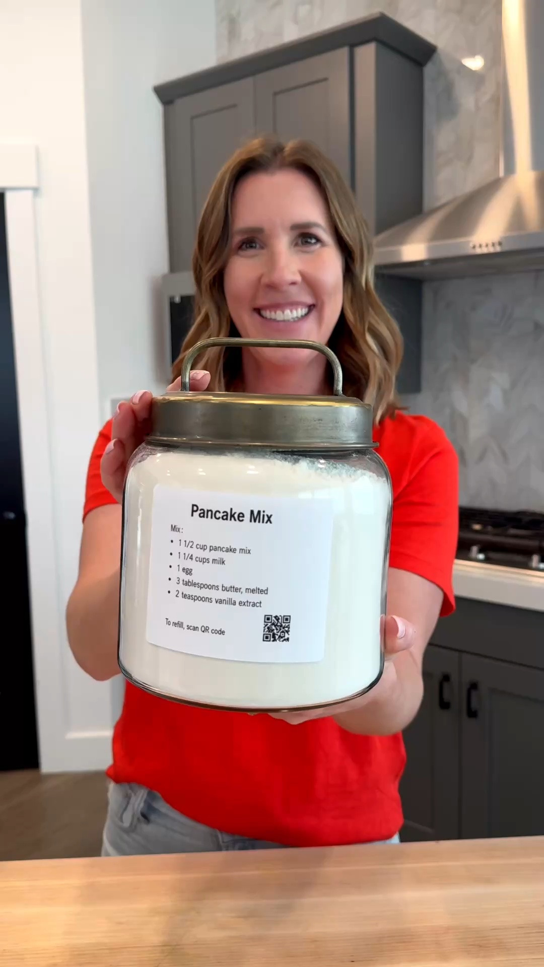 Love this glass jar for storing my homemade pancake mix!! Plus showing off my griddle and pancake dispenser for the easiest pancake experience.