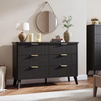 6 Drawers Dresser for Bedroom, 47.2" Wide Dressers with Curved Profile Design, Fluted Wood Drawers, Modern Chest of Dressers for Living Room, Black | Target