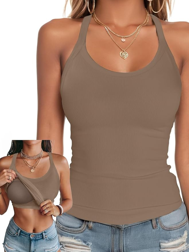 Ninee Womens Tank Tops with Built in Bra Summer Adjustable Spaghetti Straps Camisole Ribbed Cami ... | Amazon (US)