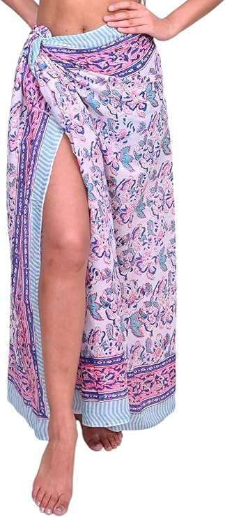 Hand Block Printed Cotton Sarong Wraps for Women – Lightweight Beach Swimsuit Cover Up, One Siz... | Amazon (US)