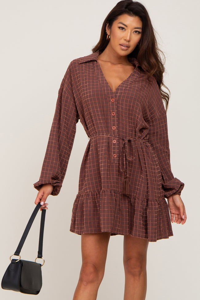 Brown Grid Print Collared Tassel Tie Dress | PinkBlush Maternity