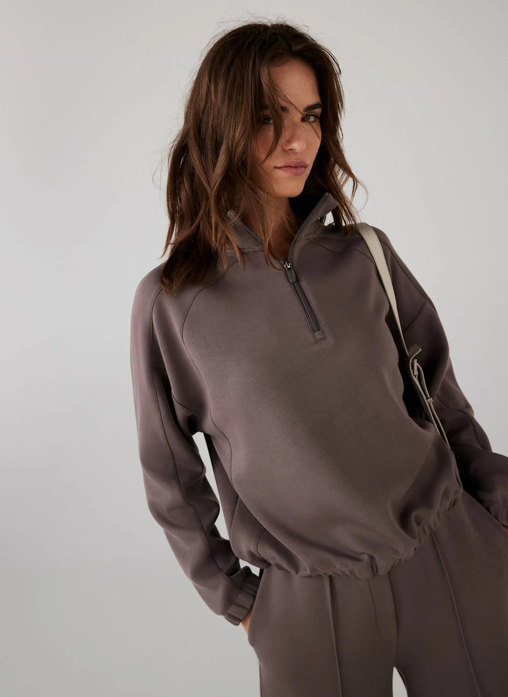Brown Super Soft Zip Up Sweatshirt | Mint Velvet