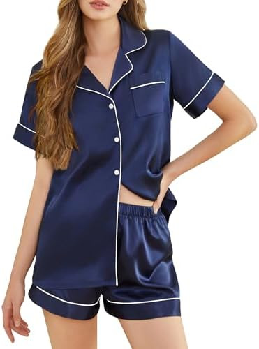 Silk Pajamas for Women Short Sleeve Sleepwear Soft Button Down Loungewear 2 Piece Satin Pjs Short... | Amazon (US)