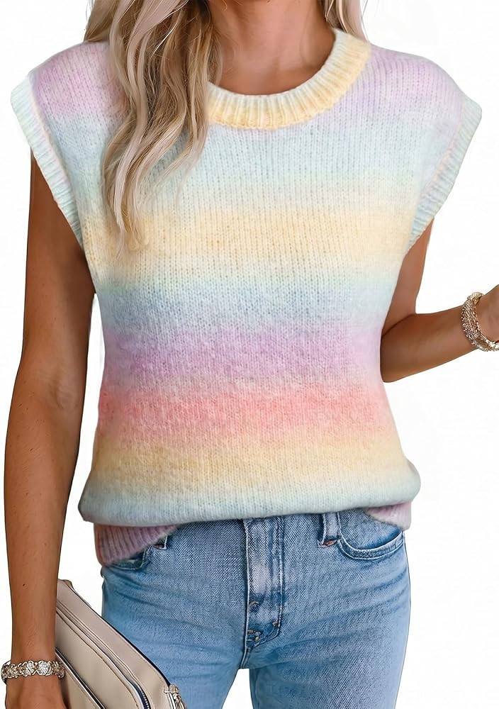 EVALESS Womens Sweater Vest Round Neck Sleeveless Loose Knit Pullover Tank Tops 2026 Summer Gradi... | Amazon (US)