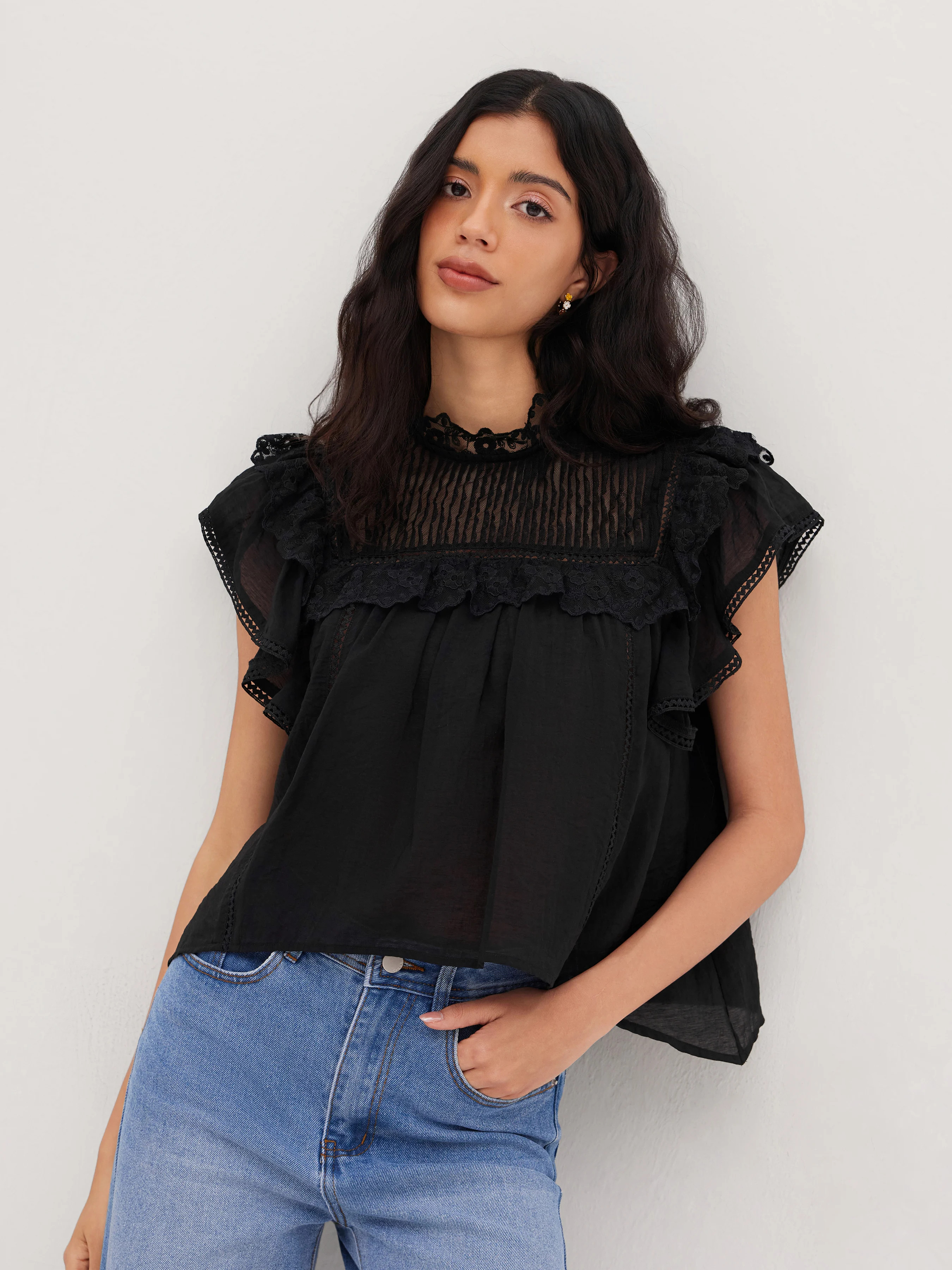 Woven Stand Collar Lace Trim Ruffle Oversized Blouse For Date | Cider