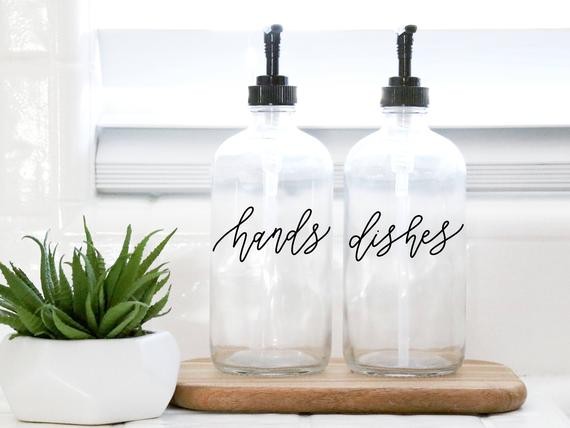 HANDS + DISHES | calligraphy clear soap dispenser set | farmhouse kitchen | modern kitchen | indu... | Etsy (US)