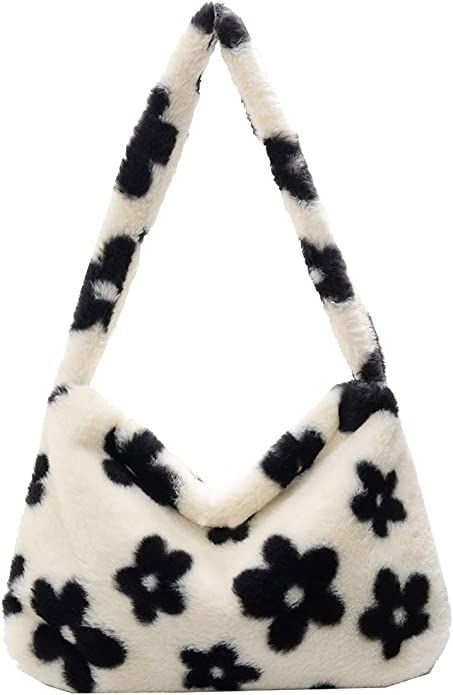 Shoulder Bags for Women Plush Tote Underarm Bags Soft Fur Flower Pattern Handbag Zipper Mini Armp... | Amazon (US)
