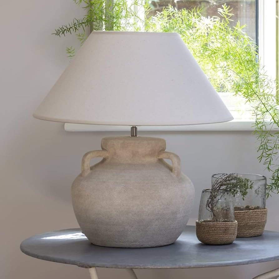 Large Stone Table Lamp, Rustic with Amphora Base, White Shade, Textured Stone Finish, Farmhouse S... | Amazon (UK)