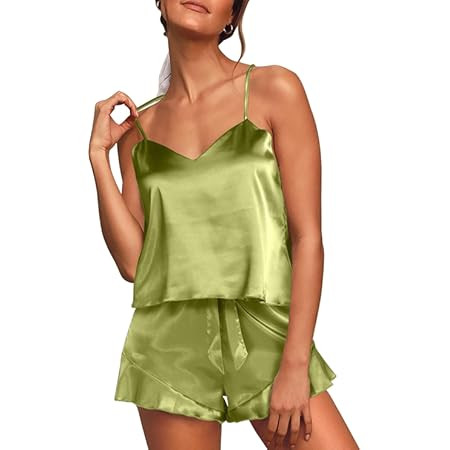 CHYRII Women's Sexy Silk Satin Ruffled Pajamas Sets Cami Shorts Sets Sleepwear | Amazon (US)