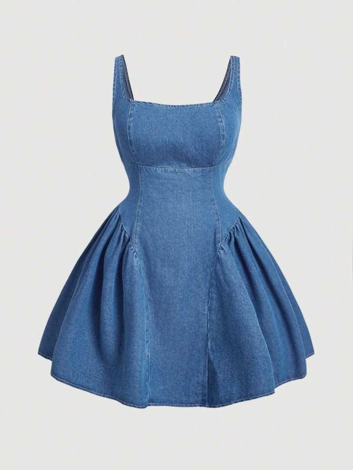 SHEIN MOD Plus Size Vintage Denim Sweetheart Short Dress With Bowknot Decoratio Halter Dress Teac... | SHEIN