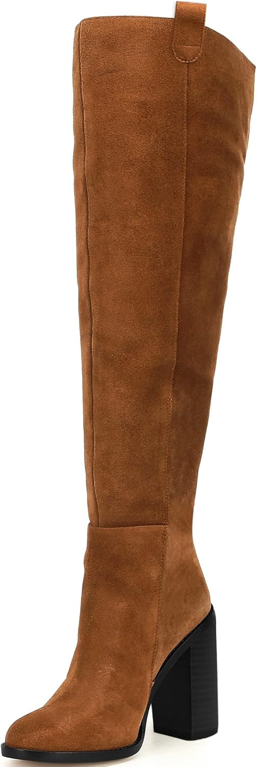 VETASTE Womens Heeled Knee High Boots Winter Suede Leather Chunky Block Heel Stretch Boots Wide C... | Amazon (US)
