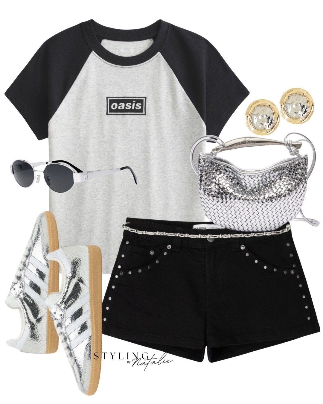 Oasis concert outfit - studded denim shorts, Oadis band T-shirt, metallic adidas samba trainers, metallic crossbody bag and Celine sunglasses. Oasis tour, concert, festival

#LTKfestival #LTKuk #LTKeurope