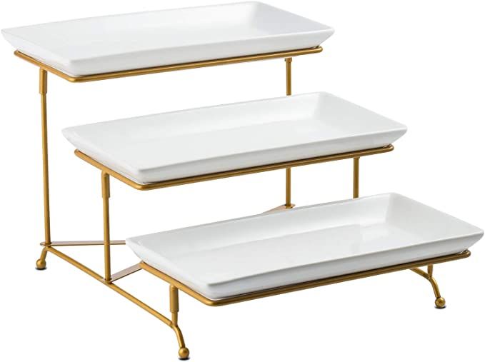 LAUCHUH 3 Tier Serving Stand with Porcelain Serving Platter Tier Serving Trays with Collapsible Stur | Amazon (US)