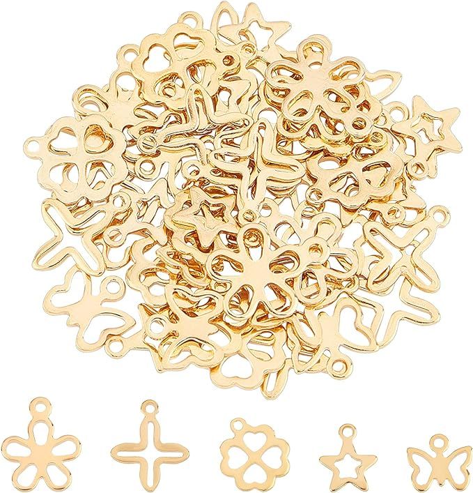 UNICRAFTALE About 50pcs 5 Styles Star/Flat/Flower/Butterfly/Clover Charms Golden Hypoallergenic C... | Amazon (US)