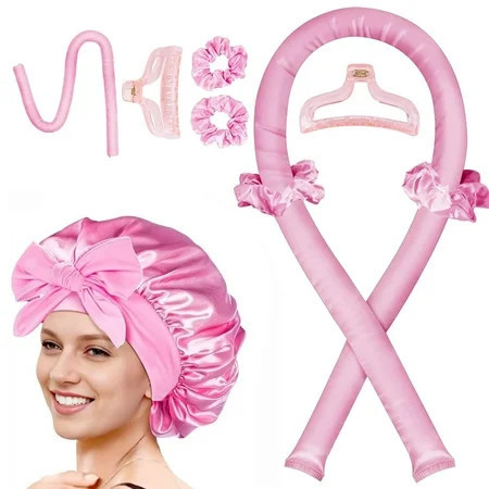 Heatless Hair Curler Set with Silk Bonnet - Overnight No Heat Curling Rod for Blowout Waves Pink | Walmart (US)
