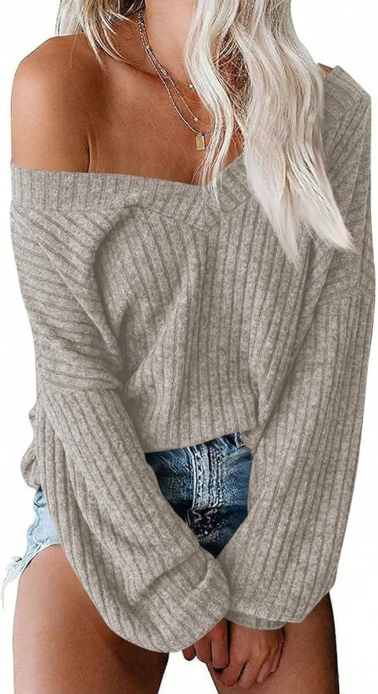 Poetsky Oversized Off The Shoulder V Neck Long Sleeve Knit Pullover Sweater | Amazon (US)