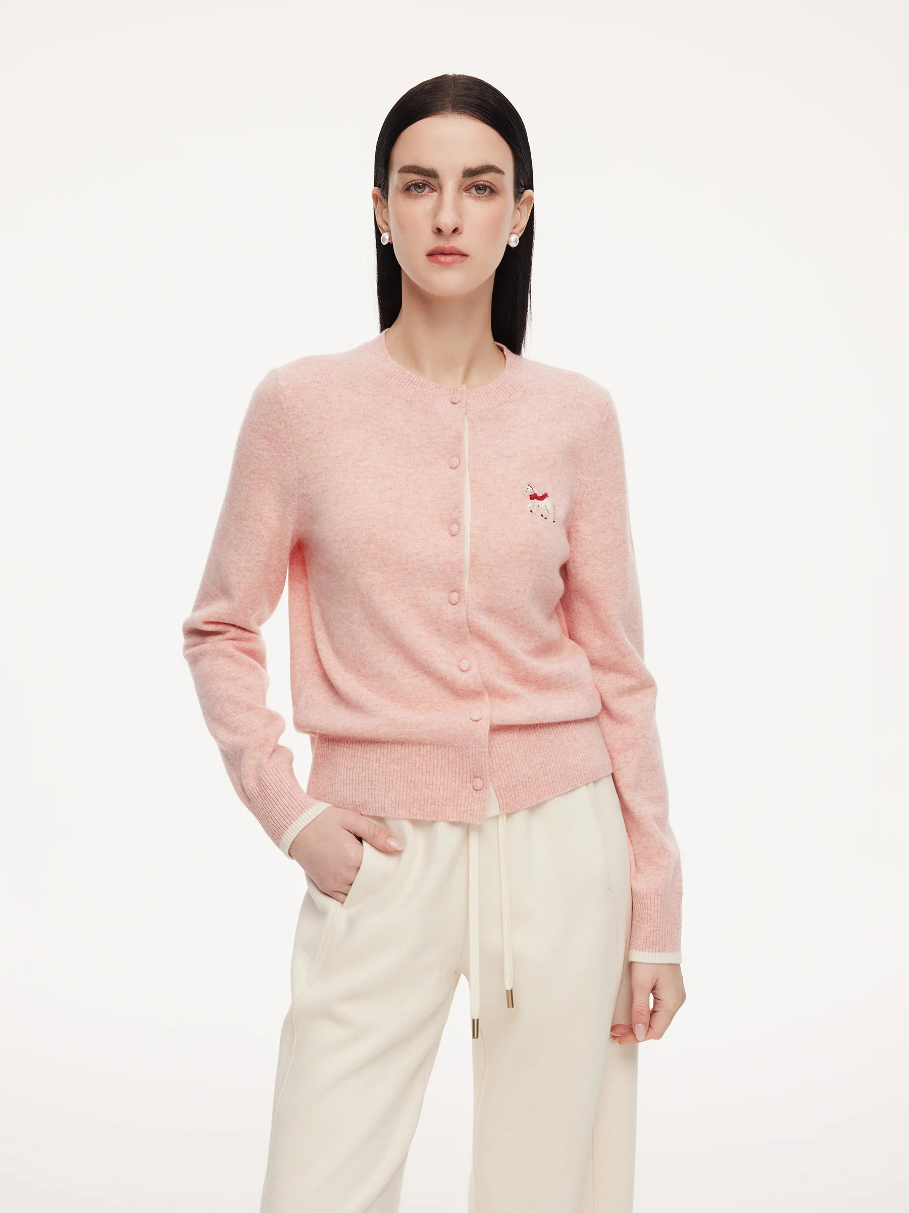 100% Wool Color Block Pony Embroidered Women Cardigan | GOELIA