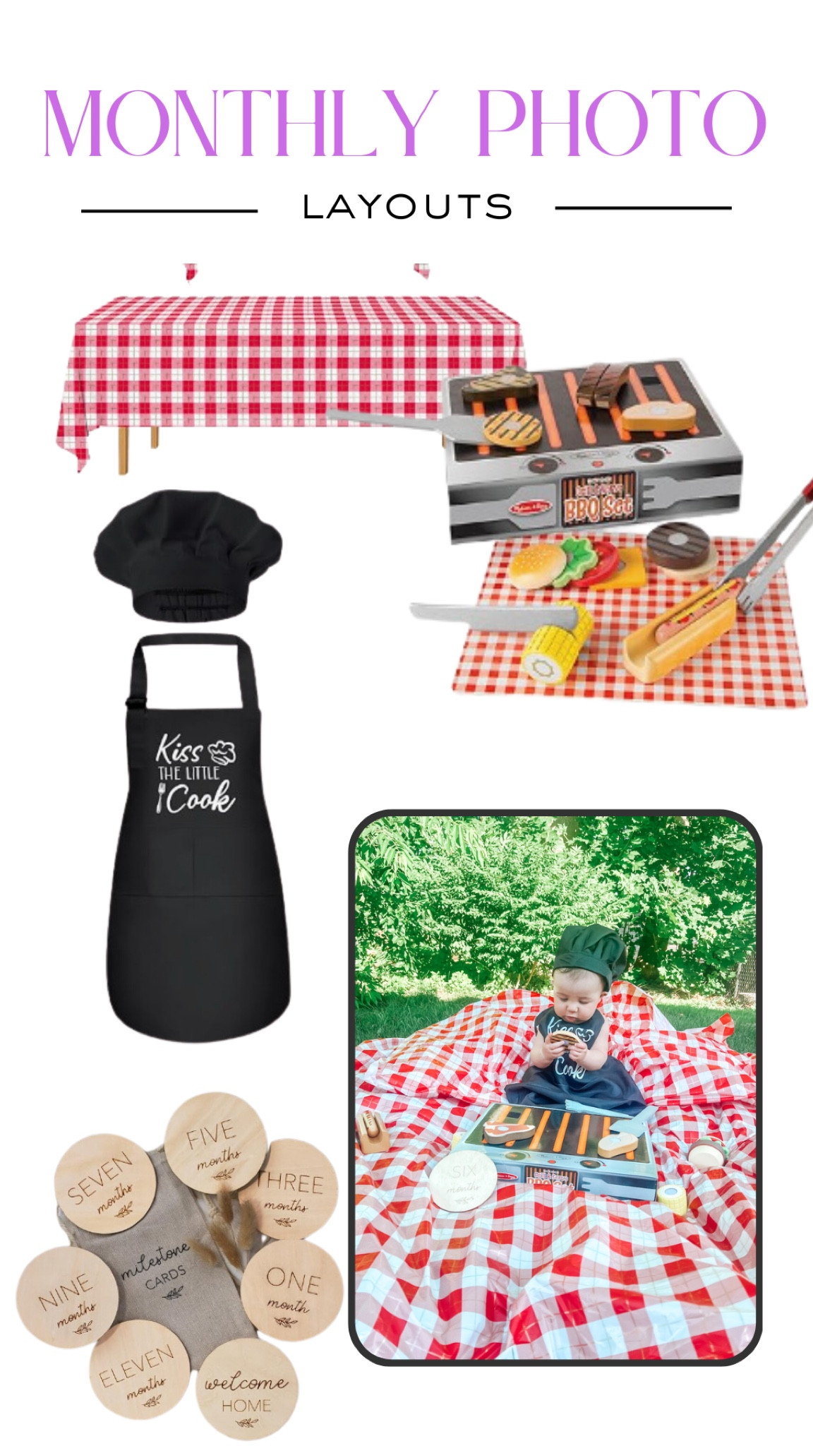 Milestone photos, baby photos, milestone cards, baby photos, june, summer grilling, grilling baby, Melissa & Doug grill, kids apron, tablecloth

#LTKFindsUnder50 #LTKBump #LTKBaby