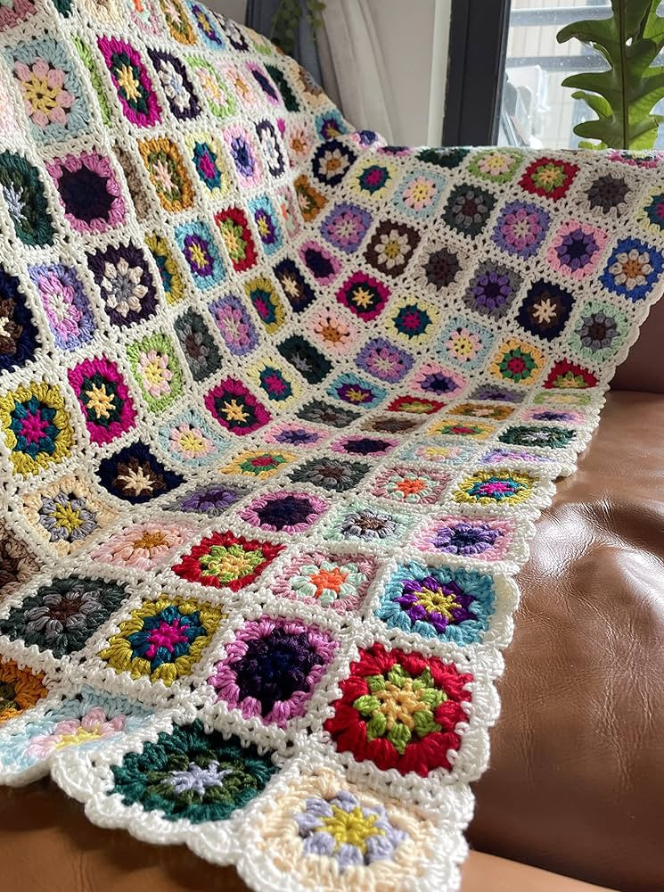 RISEON Handmade Granny Square Crochet Throw Blanket Sweater Style Mat, Crochet Quilt, Multicolor ... | Amazon (US)