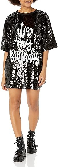 2Chique Boutique Women's It's My Birthday Sequin T Shirt Dress Black One Size Sequin on One Side | Amazon (US)