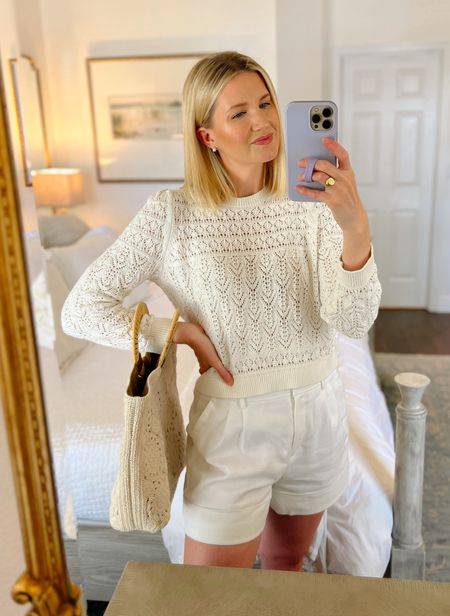 Summer whites and creams. High waisted, white linen shorts, crops open weave sweater, crocheted tote tie 

#LTKstyletip #LTKitbag #LTKSeasonal