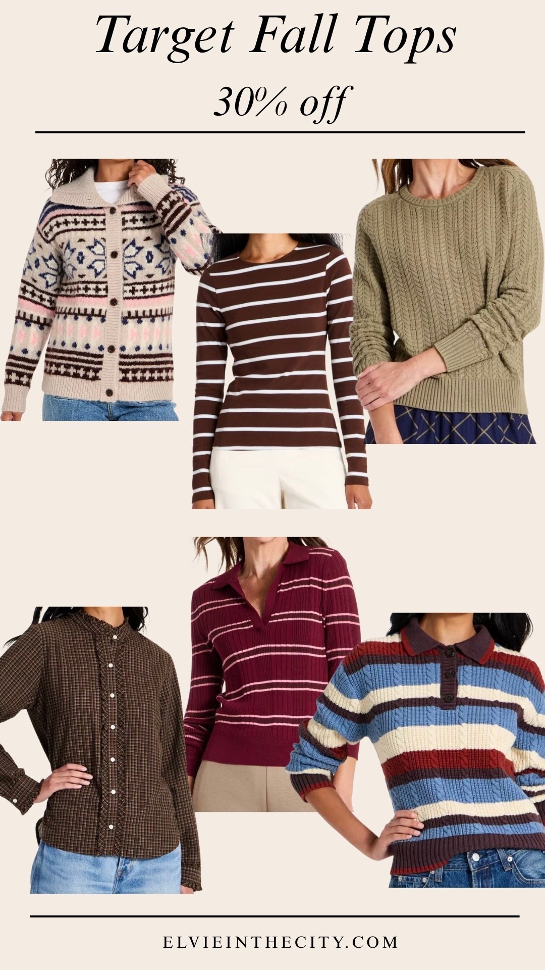 These 30% off Target fall tops include a patterned long sleeve cardigan, a Brown refined ribbed top, a Green Pointelle pullover sweater, ruffle long sleeve button up, a collar pullover sweater, and a multi colored cable collared pullover sweater.


Target finds, fall outfit, over 50 style, midlife fashion, petite fashion,midlife women, affordable fashion, fashion over40

#LTKOver40 #LTKPetite #LTKmomlife