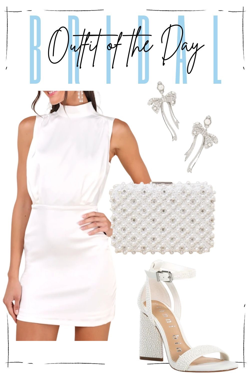 Say “yes” to this chic bridal outfit of the day! Featuring a timeless white satin mini dress with a high neckline, pearl-embellished block heels, a dazzling clutch, and bow drop earrings — this bridal look is perfect for your engagement party, bridal shower, rehearsal dinner, or bachelorette celebration. Feminine, modern, and effortlessly elegant. Save this look to your bridal inspo board today! 💍✨ 

#LTKWedding #LTKBeauty #LTKStyleTip