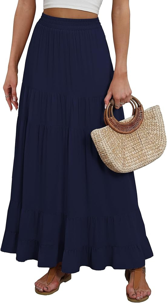 ANRABESS Womens Maxi Skirt Elastic High Waist Swing Tiered A-line Flowy Pleated Boho Beach Vacati... | Amazon (US)