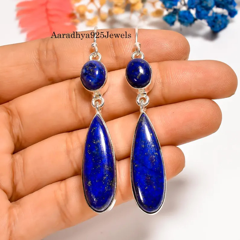 Lapis Lazuli 925 Sterling Silver Drop Earrings: Boho Dangle Jewelry | Etsy (Global)