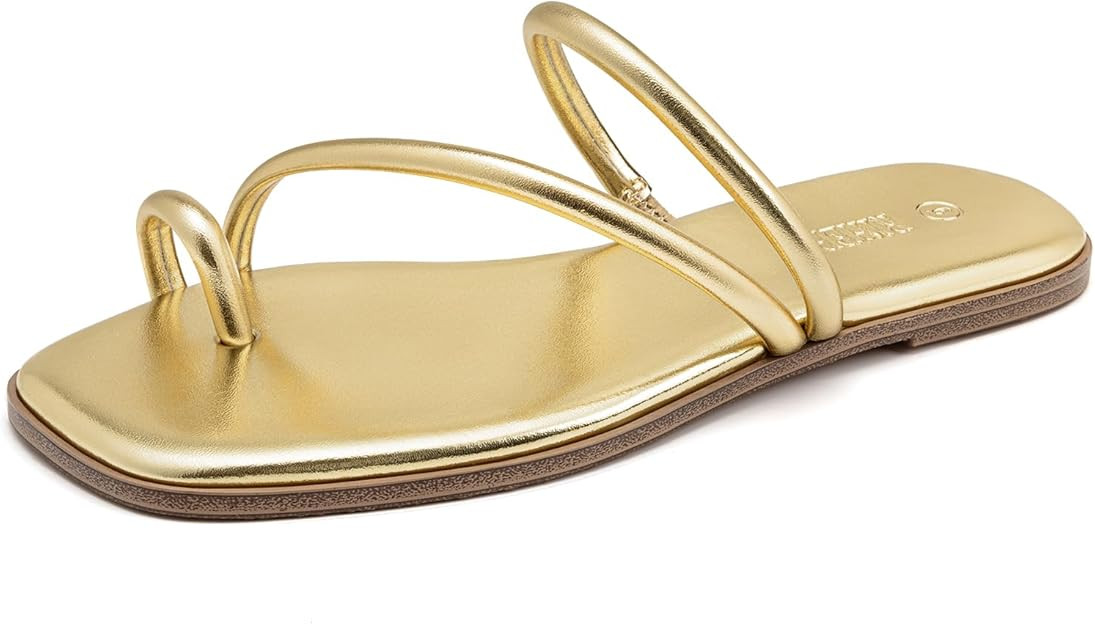 Rihero Women's Slide Sandals Comfortable Square Toe Beach Slip On Strappy Thong Flat Sandals | Amazon (US)