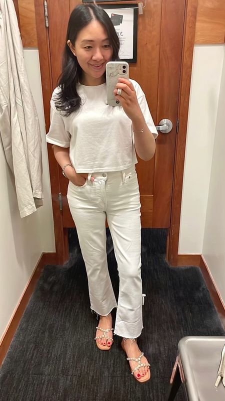 All white outfit. These white jeans are now marked down $94.50 (originally $128). I took size 26 regular. Available in 7 washes. I also ordered them in natural wash to try. Fingers crossed they fit the same in that wash. Update 6/4: The natural wash (ecru in person) runs bigger so stay with your true size.

Cropped white tee in size S is 17" total length.

I'm petite at 5' 2.5" and fluctuate between 110-115 pounds. I usually wear size 25 or 26 in pants.

#LTKOver40 #LTKSaleAlert #LTKFindsUnder100