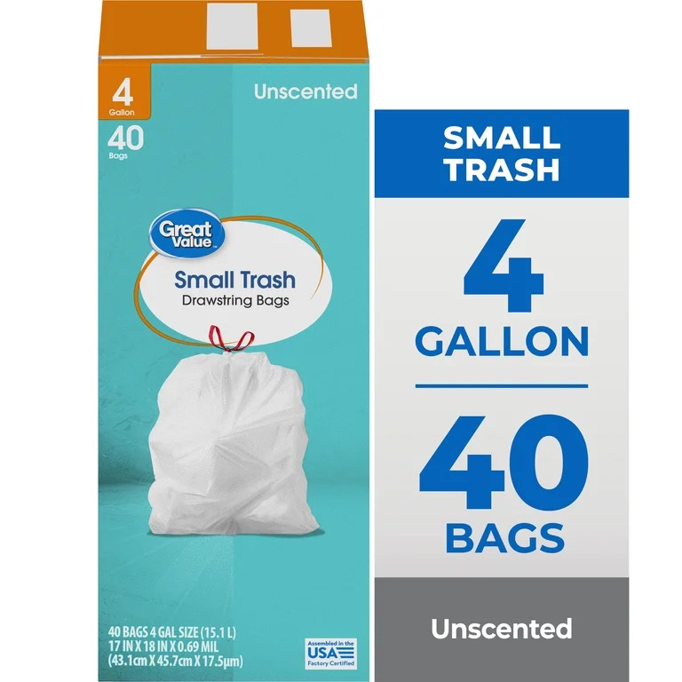 Great Value 4-Gallon Small Drawstring Trash Bags, 40 Bags | Walmart (US)