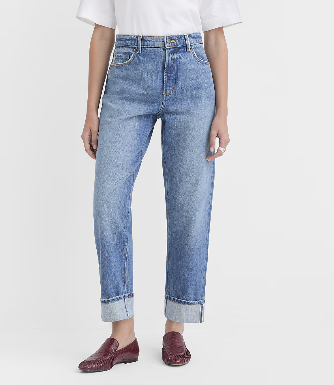 Loft Rivete Selvedge Cuffed High Rise Straight Jeans in Medium Stone Wash | LOFT