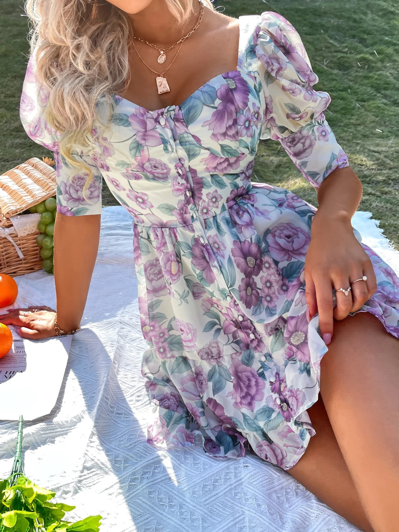 Random Floral Print Puff Sleeve Ruffle Hem Chiffon Dress | SHEIN