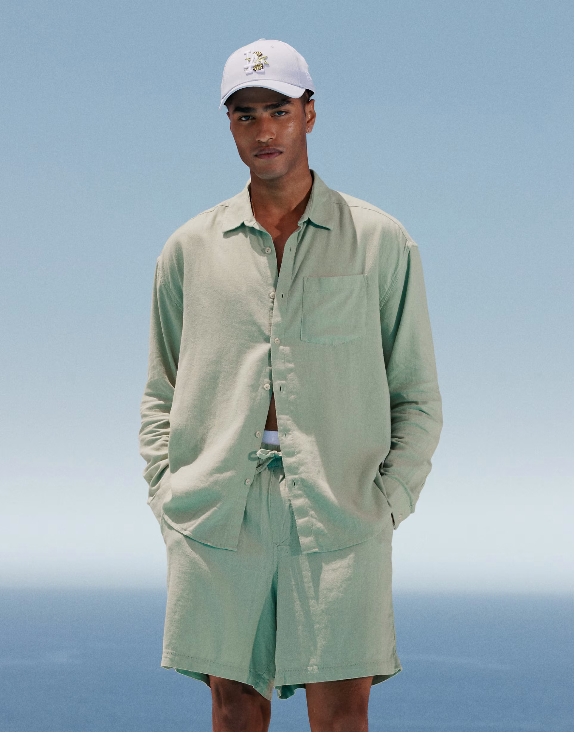 New Look long sleeve floaty linen-blend shirt co-ord in light green | ASOS (Global)