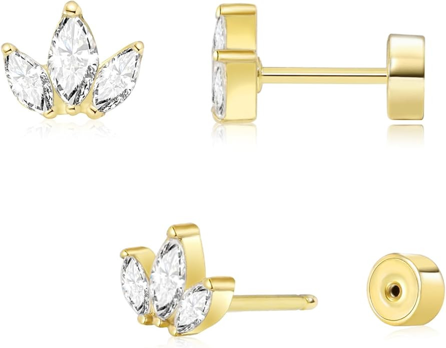 Threadless Flat Back Earrings, Hypoallergenic 14K Real Gold Plated CZ Leaf Stud Earrings | Cartil... | Amazon (US)