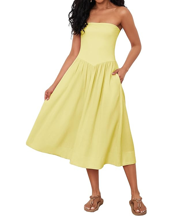 Livtany Women Off Shoulder Midi Dress Strapless Sleeveless Drop-Waist A Line Tube Dress Trendy Su... | Amazon (US)