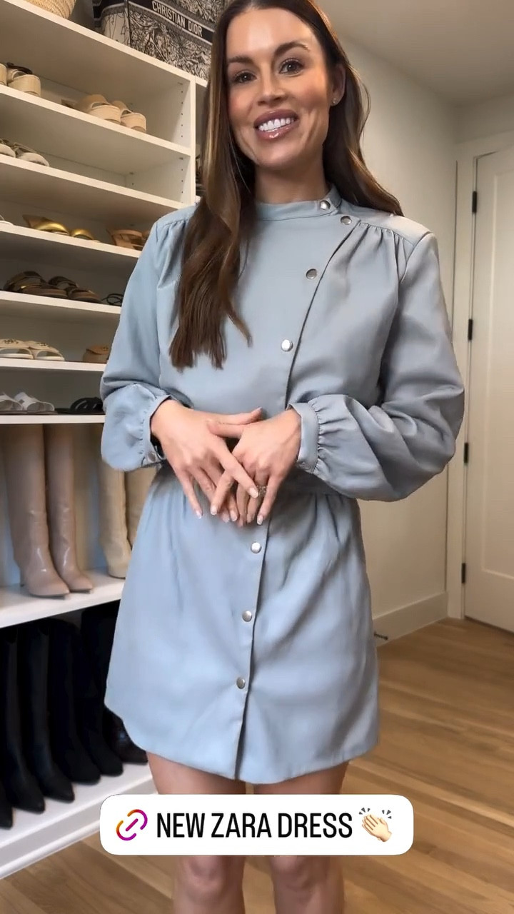 I just got this dress in from @Zara and it is gorgeous! I love the blueish grey color. The material is like a a faux leather — so soft and comfortable. The quality is really nice and I love the silver button details! The belt really helps to cinch the waist for an even more flattering fit! 

#LTKdayinmylife #LTKgrwm #LTKootd